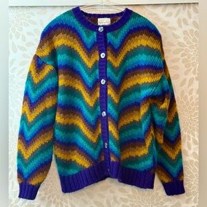 Vintage 90s Pappagallo Women’s L Bright Boho Chevron Striped Cardigan Sweater